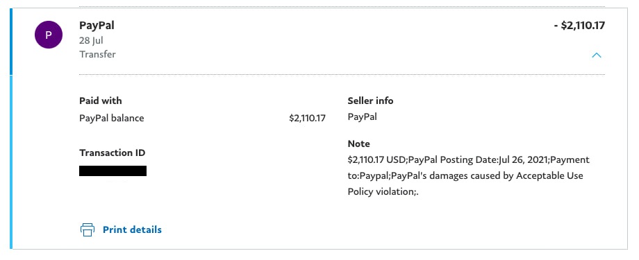Screenshot of PayPal taking the remaining balance and labeling it as "PayPal's damages caused by Acceptable Use Policy violation".